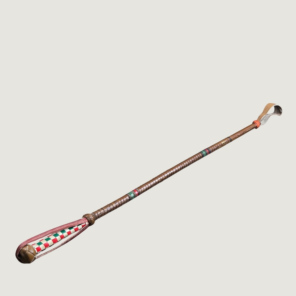 Vintage Leather Riding Crop 27.5" Brown Red Green Checkered Handle
